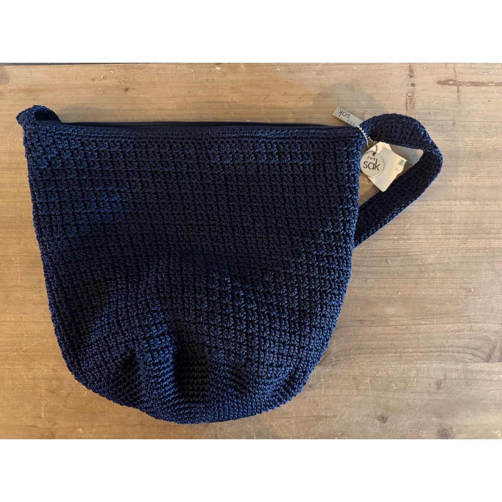 The Sak Navy Blue Crochet Hobo Bag Shoulder Purse‎ Zip Top Boho NWT